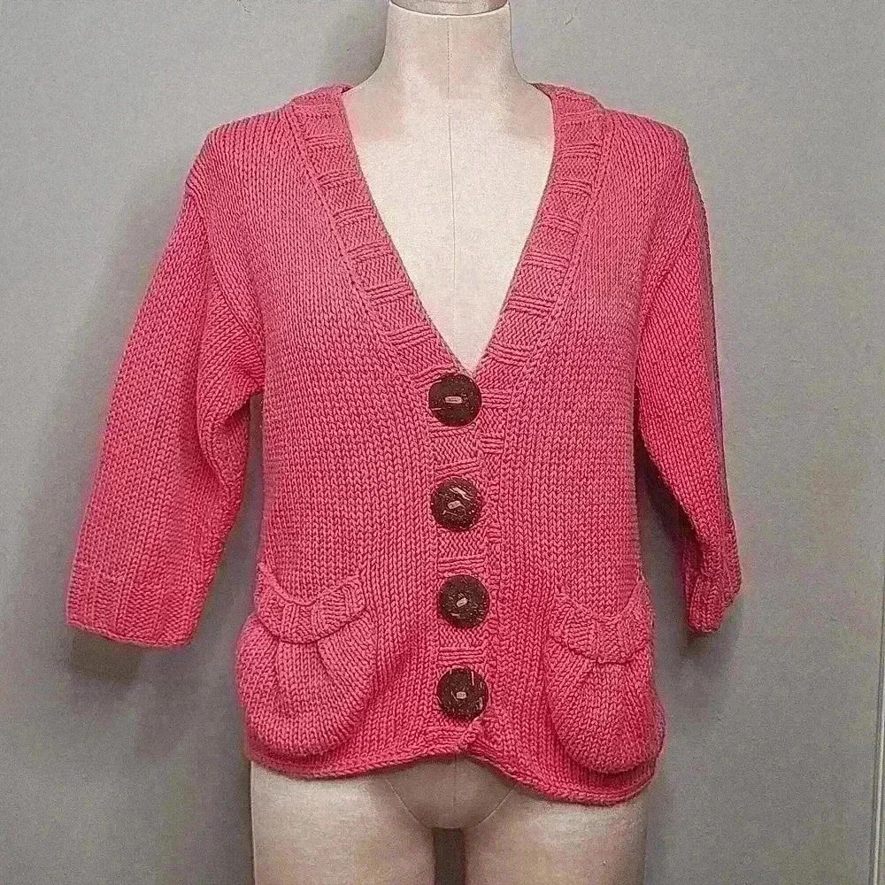 Pure Handknit 100%‎ Cotton Chunky Pink Cardigan Size S/M